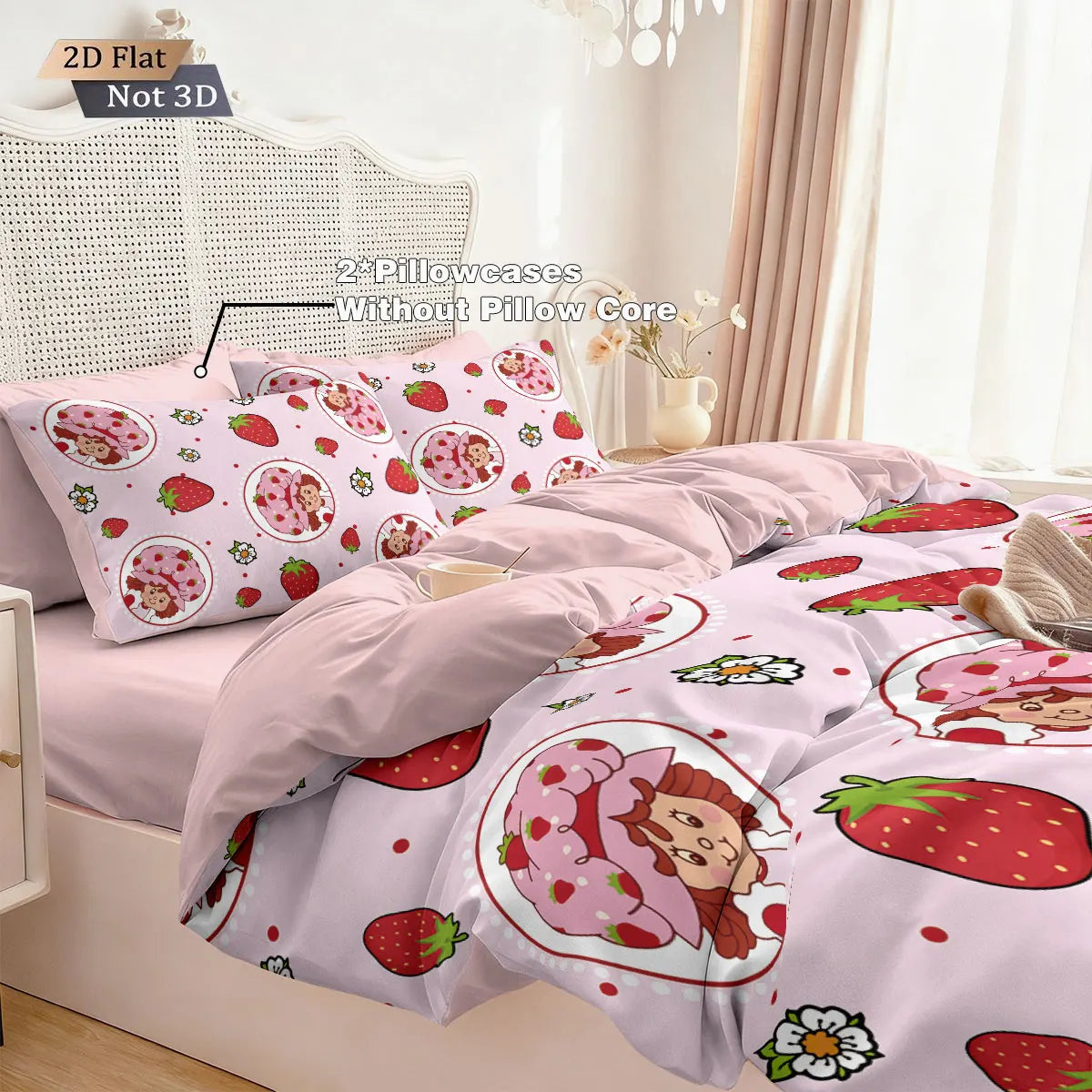3pcs Pink Strawberry Girl Printed Down Duvet Cover Set, Multi Size Bedroom Bedding Decoration, Machine Washable