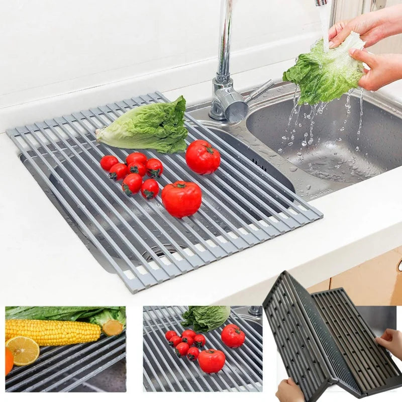 Folding Dish Drying Rack Sink Draining Shelf Vegetable Fruit Washing Stand Cutlery Storage Holder Kitchen Organization Accessory