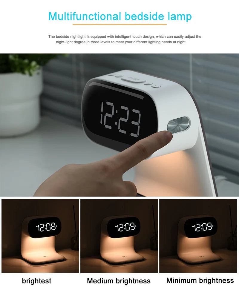 Multifunctional alarm clock with night light, wireless charging clock, holiday couple gift, three brightness adjustment clock