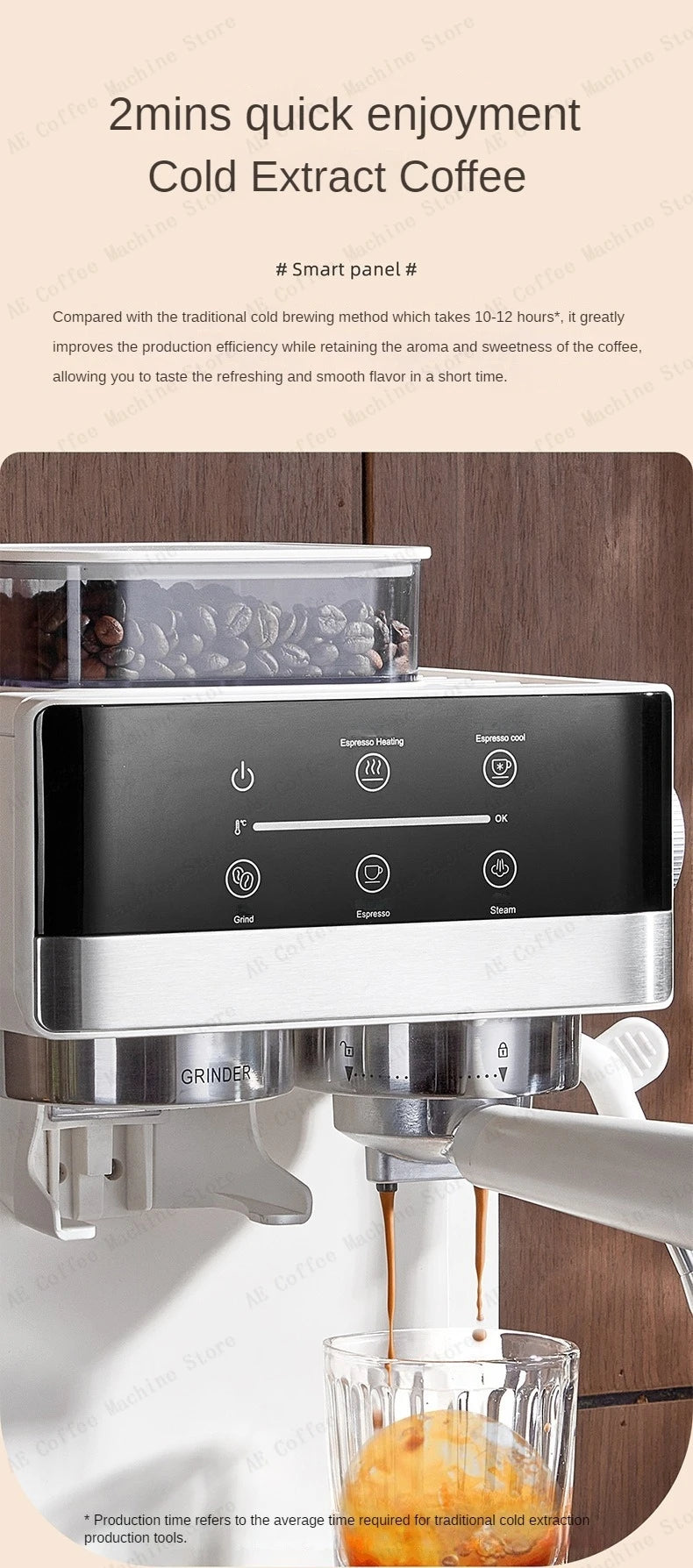 Semi-automatic Grinding and Extraction Espresso Machine, Steam milk espresso coffee machine, Can Extract Cold/hot Coffee