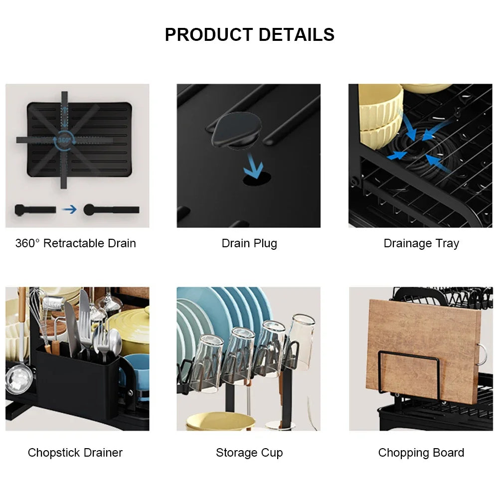 New 360° rotating storage rack double-layer kitchen tableware drying rack with drain tableware storage rack for tableware