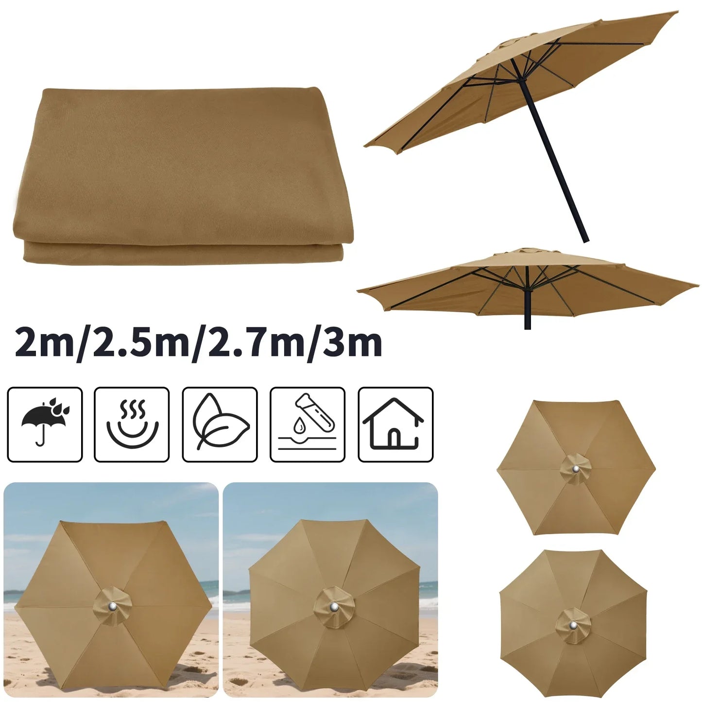 Replaceable Parasol Top Cloth Garden Outdoor Patio Canopy Umbrella Cover Sunshade Garden Canopy UV Protection 2m/2.5m/2.7m/3m