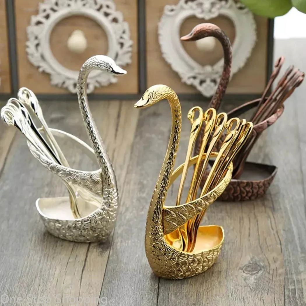 Creative Dinnerware Set Swan Base Holder Decorative Stainless Steel with 6 Spoons for Coffee Fruit Dessert Stirring Mixing