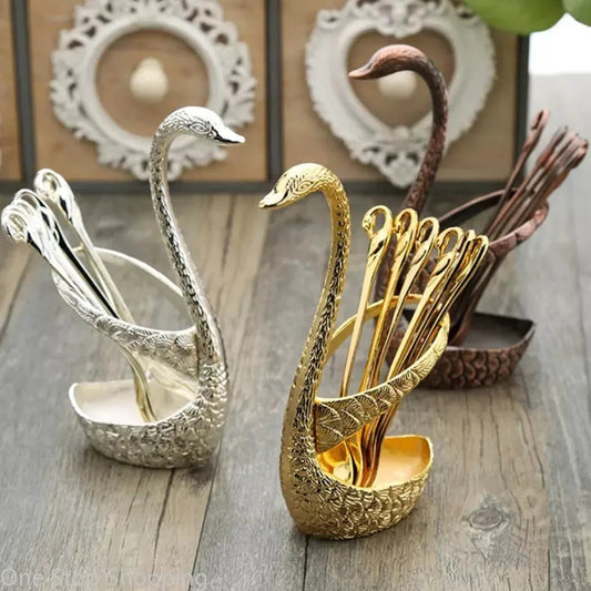 Creative Dinnerware Set Swan Base Holder Decorative Stainless Steel with 6 Spoons for Coffee Fruit Dessert Stirring Mixing