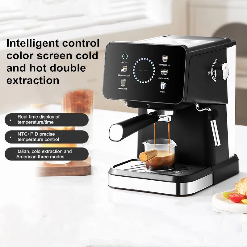 20Bar Espresso Machine – Dual Brew Hot & Cold Features smart touchscreen, milk frother, fast heating, and energy-saving design. Ideal for home baristas to craft café-quality drinks.