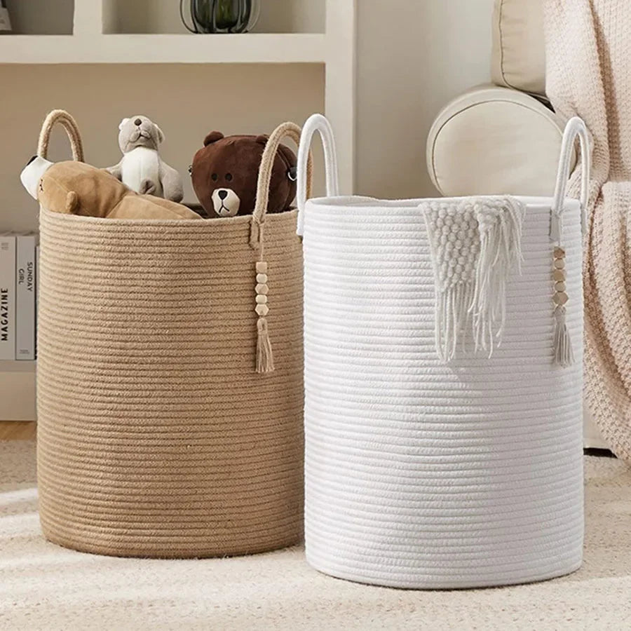 Large Storage Basket Tall Woven Decorative Laundry Hamper with Handles Foldable Cotton Rope for Clothes Kids Toys Living Room