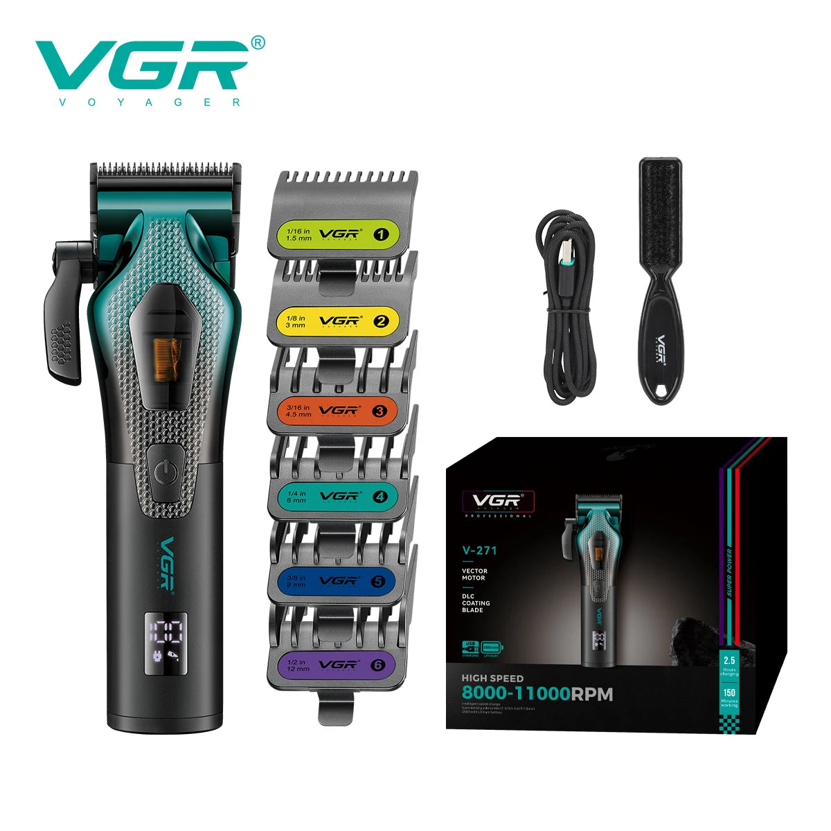 VGR high-end customized electric hair clipper gradient metal shell electric push shear intelligent control hair trimmer V-271