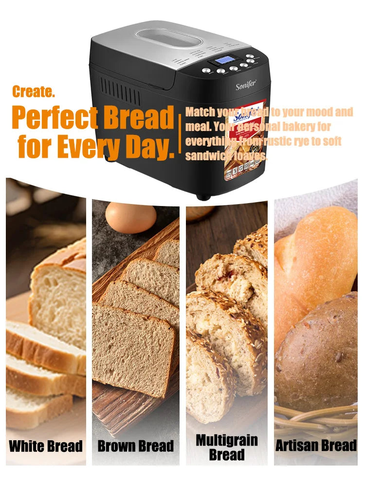 Sonifer 1500g Automatic Bread Maker SF-4025, Dual Kneading Hooks, 15 Programs, 15H Timer, 3 Crust Settings, Keep Warm