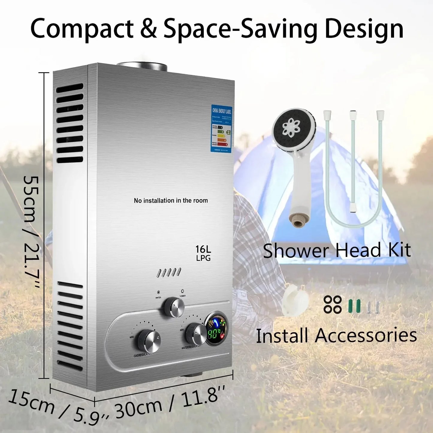 VEVOR 6L 8L 10L 12L 16L 18L LPG Portable Instand Water Heater Propane Gas LPG Wall-Mounted Tankless Water Heater Digital Display