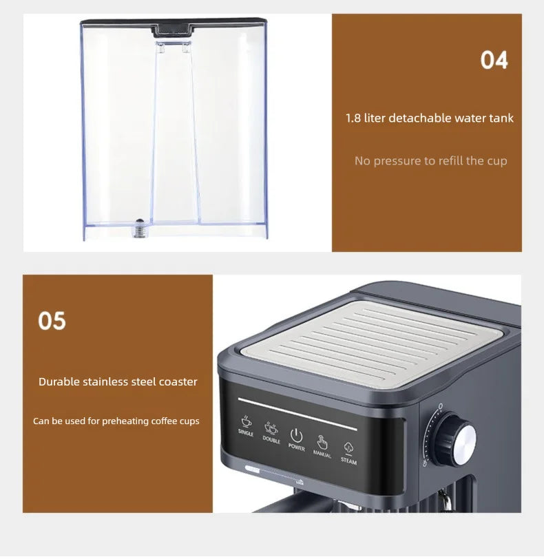 Semi-automatic Italian Espresso Coffee Machine Home Office Coffee Maker Milk Foam Frothing Coffee Machine