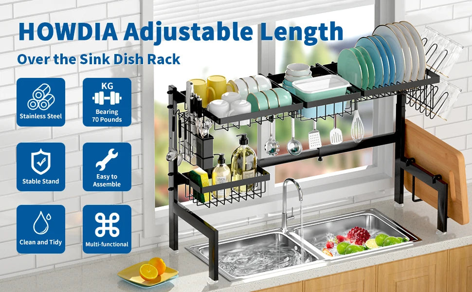 Over-the-Sink Dish Drying Rack – Expandable 2-Tier Stainless steel design with utensil holder. Space-saving, durable, and perfect for organized kitchen drying.