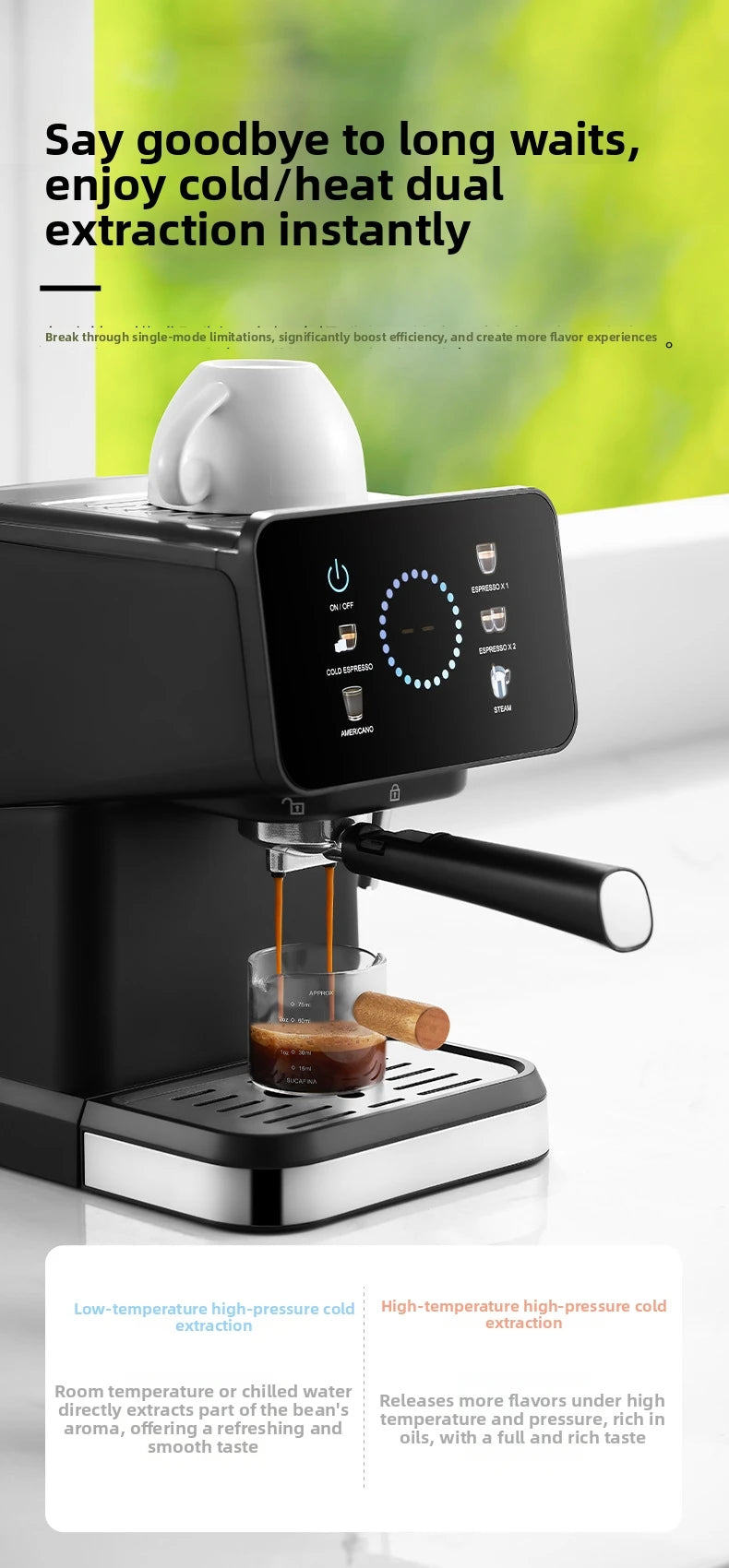 20Bar Espresso Machine – Dual Brew Hot & Cold Features smart touchscreen, milk frother, fast heating, and energy-saving design. Ideal for home baristas to craft café-quality drinks.
