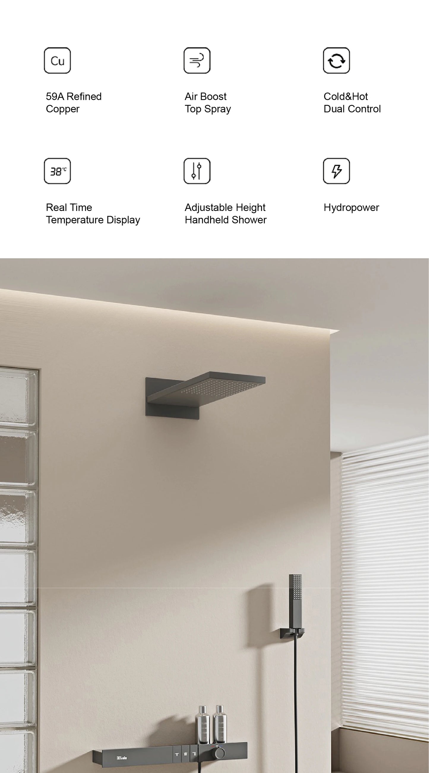 Luxury Ceiling Thermostatic Shower System Black Brass 3 Function Built In Wall Cold Hot Water Waterfall Outlet Bathroom Faucet