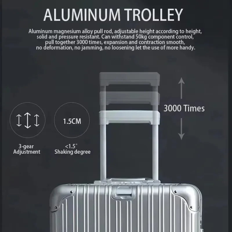 Aluminum-Magnesium Alloy Suitcase, High-Quality Rolling Luggage Available in 20”, 24”, 26”, and 29” sizes. Durable trolley luggage perfect for travel, carry-on, and cabin use.