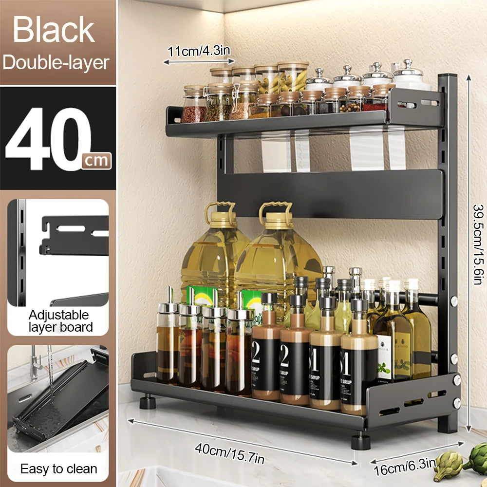 3-Tier Spice Rack – Adjustable Kitchen Organizer Sturdy metal shelf in sleek black design. Perfect for countertops or cabinets to keep spices neat and accessible.
