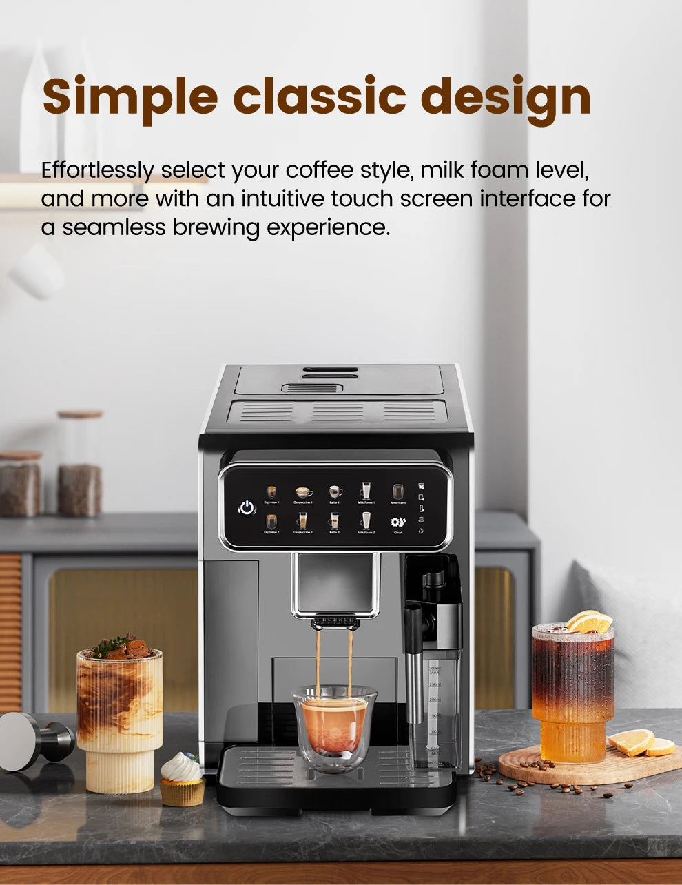 AM7203 Automatic Espresso Machine Features built-in milk frother and water tank, touchscreen control, and 7 coffee varieties. Perfect for easy, café-style drinks at home.