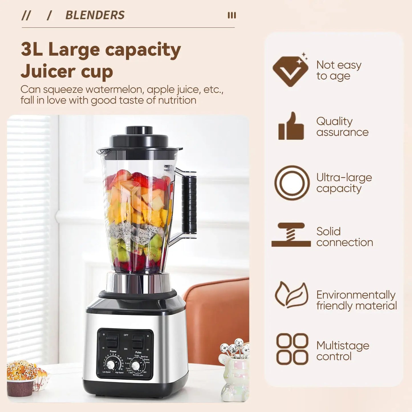 3-in-1 Blender & Food Processor – Multi-Function Includes juicer (8 blades), meat grinder (4 blades), and dry mill (6 blades) with 3 cups. Powerful, versatile, and perfect for everyday kitchen use.
