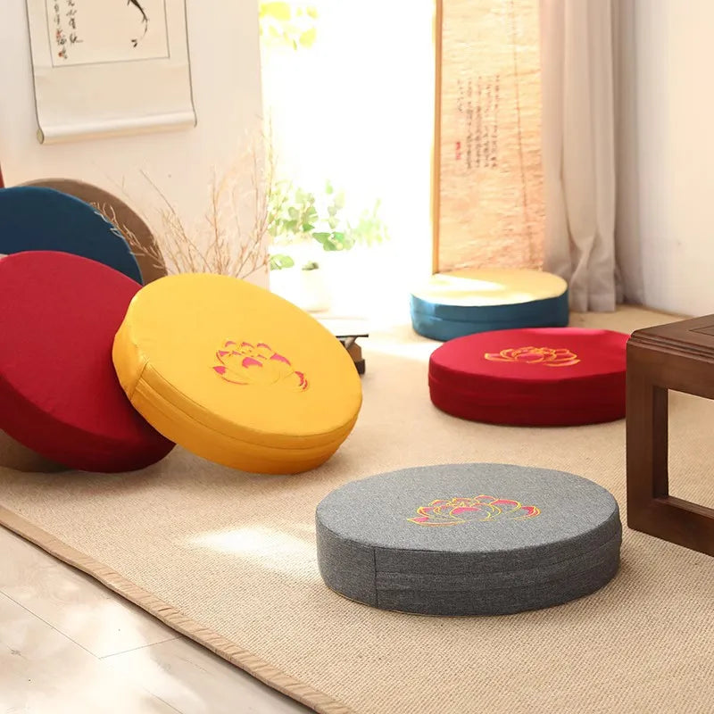 40x6cm Linen Meditation Cushion Round Yoga Floor Pillow Lotus Embroidery Zafu Tatami Seat Pad Removable Cover
