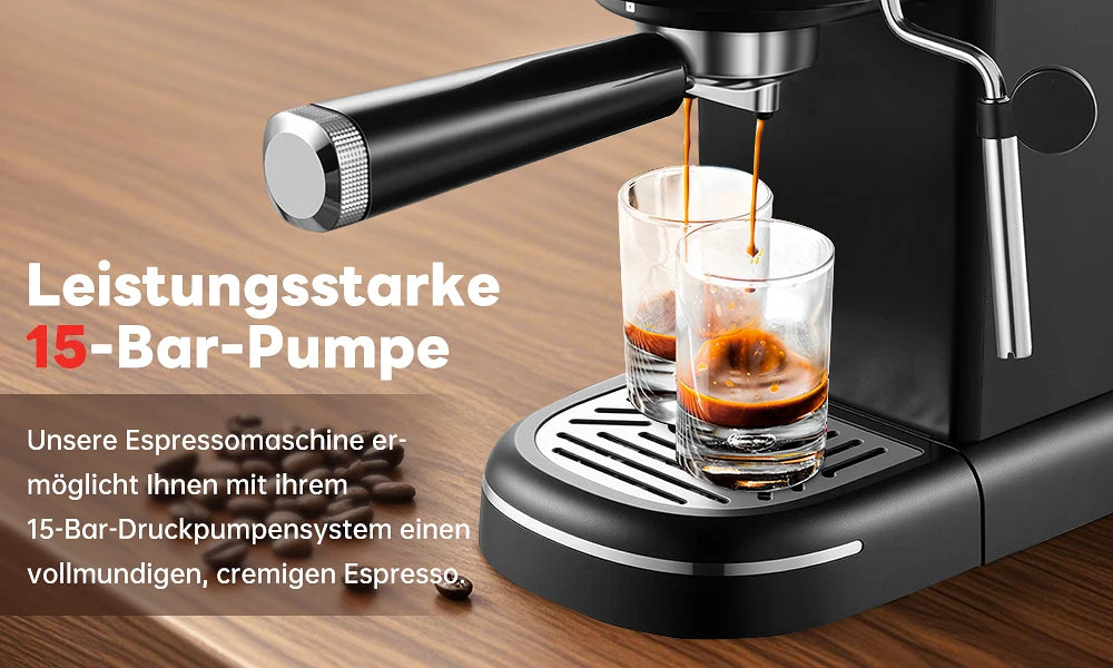 15 Bar 1.2L Removable Tank, Compact Cappuccino/Latte Maker, Stainless Steel, 1100W, Black Espresso Coffee Maker Machine