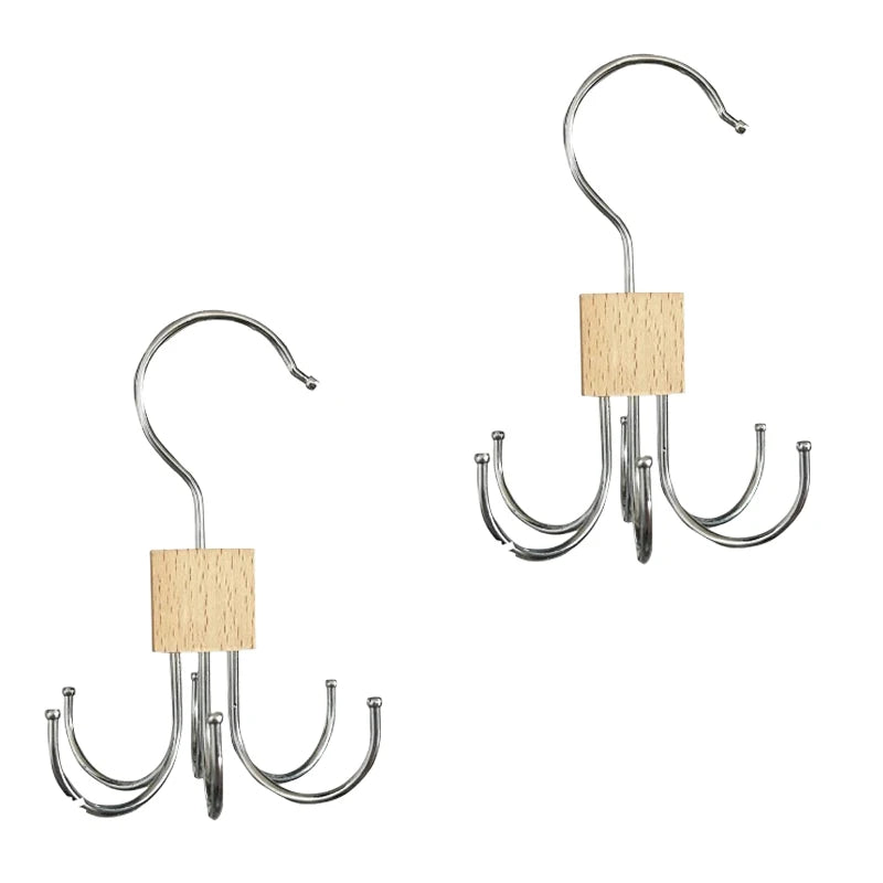 Rotating Wooden Metal Belt Hanger Multi-Functional Closet Organizer for Belts Bras Ties and Scarves with Stainless Steel Hooks