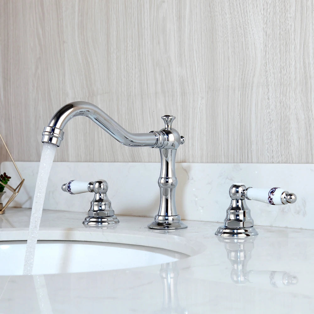 Bathroom Basin Faucet Set – Double-Handle Deck-Mounted
Includes 3-piece brass and chrome taps for hot and cold water. Stylish and durable mixer faucet set for bathtubs and sinks.