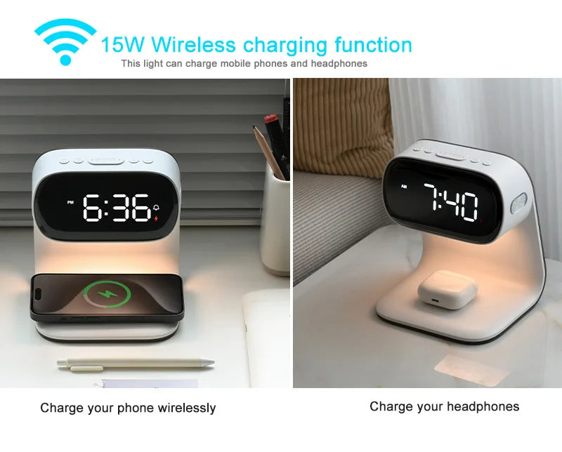 Multifunctional alarm clock with night light, wireless charging clock, holiday couple gift, three brightness adjustment clock