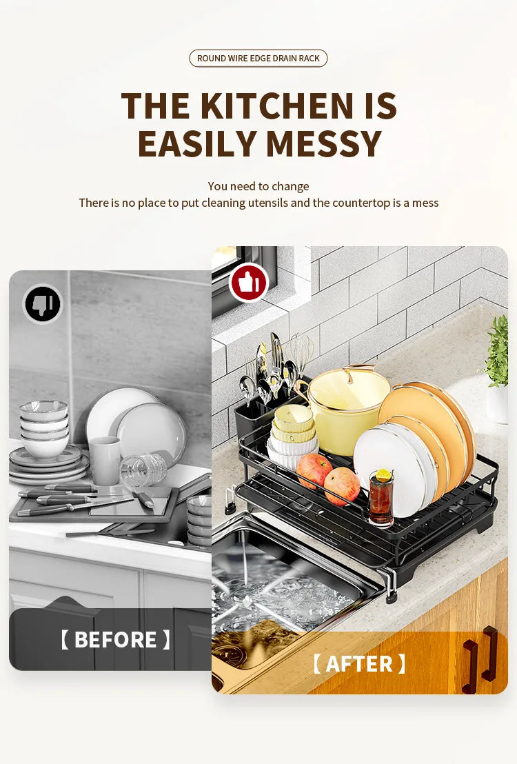 Dish Drying Rack - Extendable Dish Rack, Large Sink Drying Dish Drainer for Kitchen Counter, Stainless Steel Dish Strainer