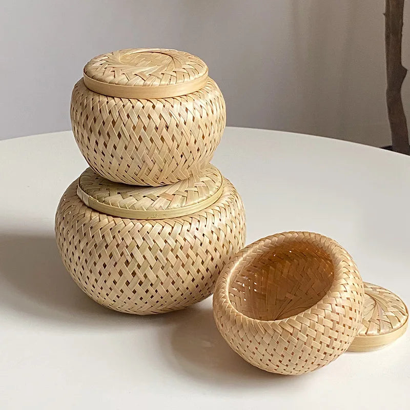 Bamboo Storage Basket With Lid Double Layer Handmade Woven Tea Basket Tabletop Storage Box for Tea Fruit Dried Fruit Snack Food