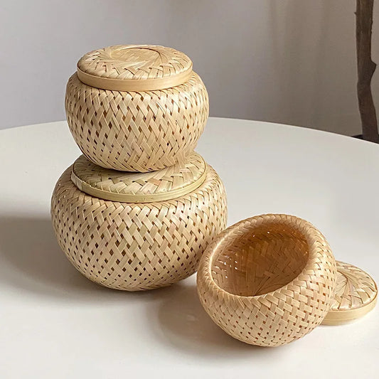 Bamboo Storage Basket With Lid Double Layer Handmade Woven Tea Basket Tabletop Storage Box for Tea Fruit Dried Fruit Snack Food