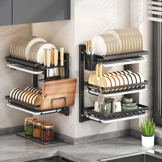 Multifunctional Wall Mounted Dish Drying Rack 2 Layer Rust-Proof Utensil Holder No Drilling Compact Drain Tray Household