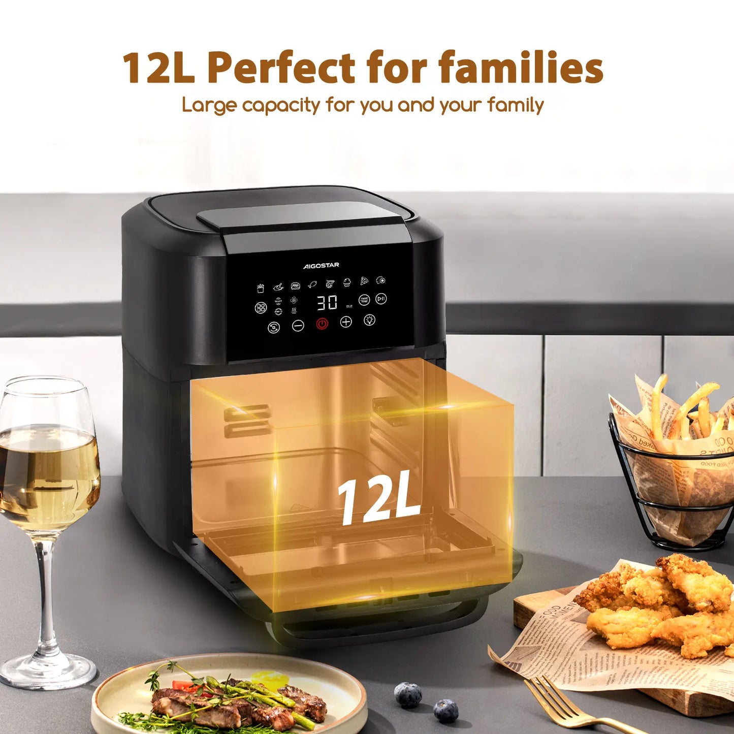 Aigostar Owen 12 Litre Air Fryer Multifunction 1700W LED Touch Screen 8 Preset Modes Includes 7 Accessories Rotary System BPA FR