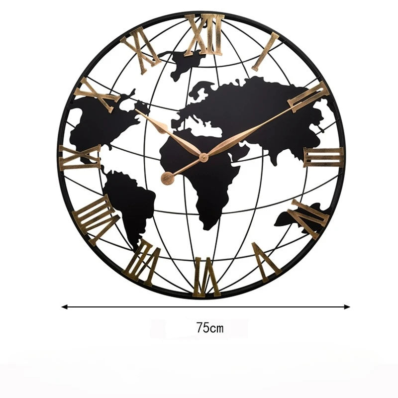 Round Silent Non-Ticking Battery Operated Wall Clocks 60/75/90cm Large Map Wall Clock Metal Minimalist Clock for Living Room