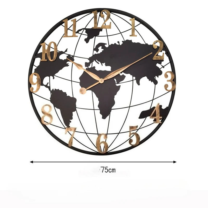 Round Silent Non-Ticking Battery Operated Wall Clocks 60/75/90cm Large Map Wall Clock Metal Minimalist Clock for Living Room