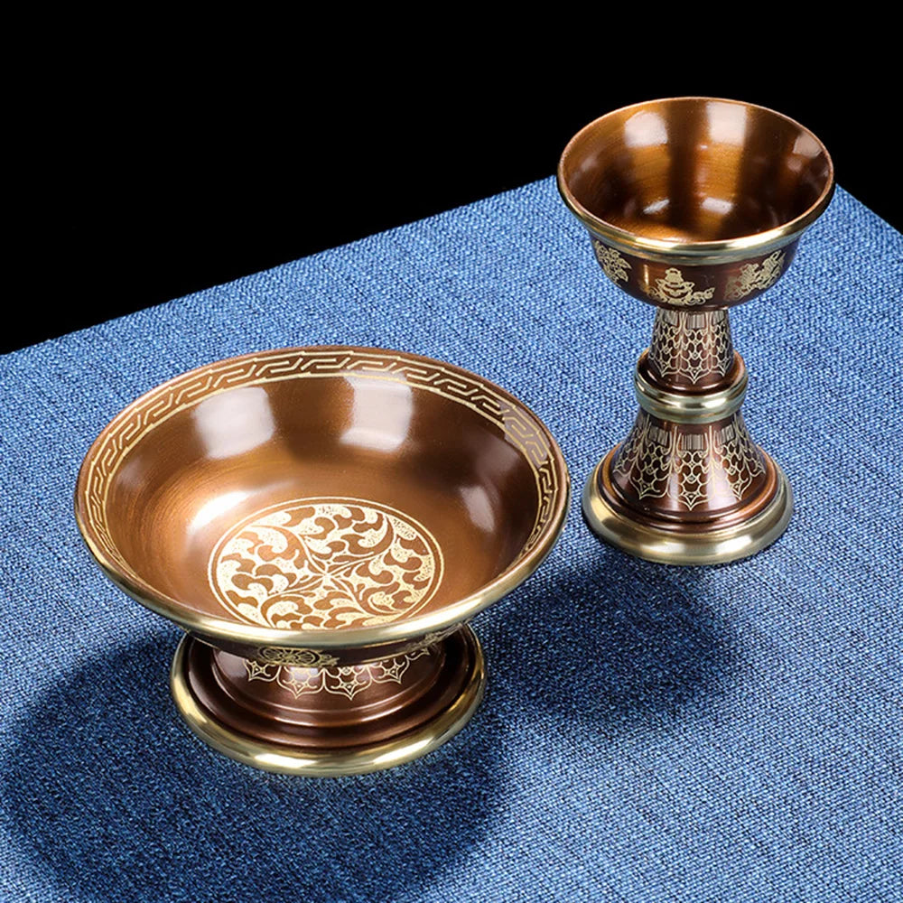 Pure copper Tibetan Tribute guardian cup, Eight-auspicious carved 2-layer Buddhism Holy water cup, Buddhist ornaments, 1 set