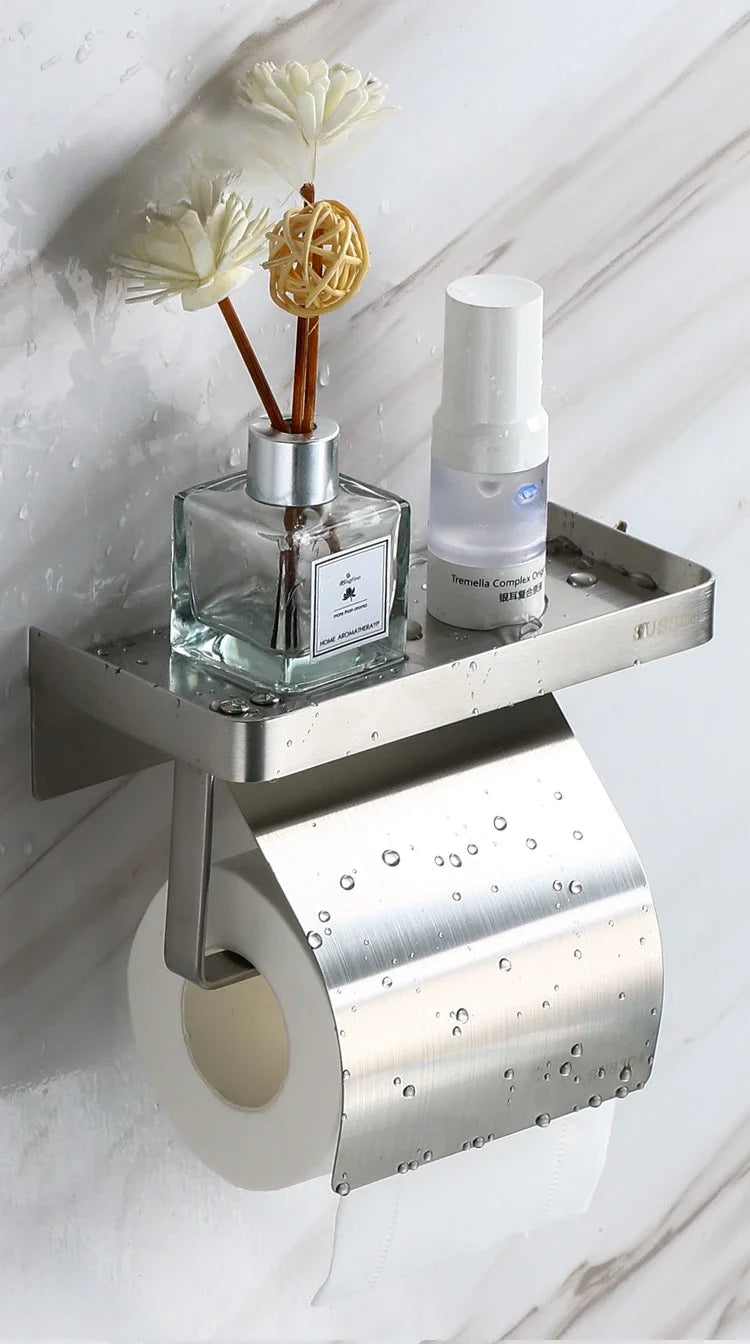 Toilet paper rack 304 stainless steel tissue holder, mobile phone rack, non-punching bathroom roll holder