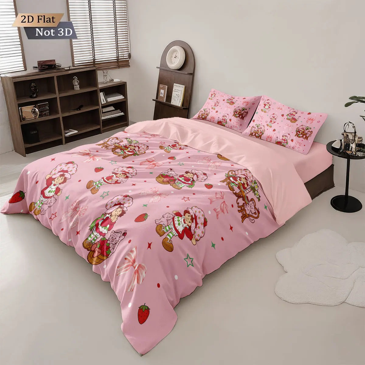 3pcs Pink Strawberry Girl Printed Down Duvet Cover Set, Multi Size Bedroom Bedding Decoration, Machine Washable