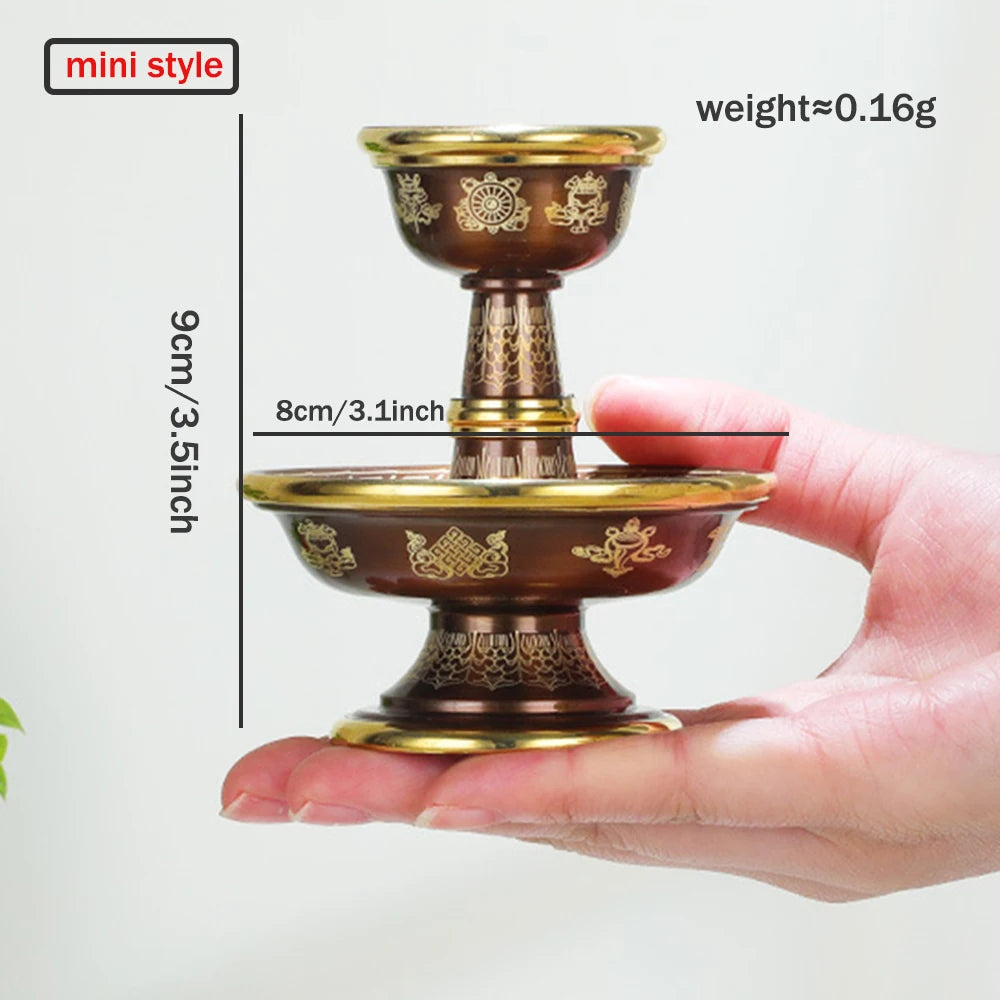 Pure copper Tibetan Tribute guardian cup, Eight-auspicious carved 2-layer Buddhism Holy water cup, Buddhist ornaments, 1 set