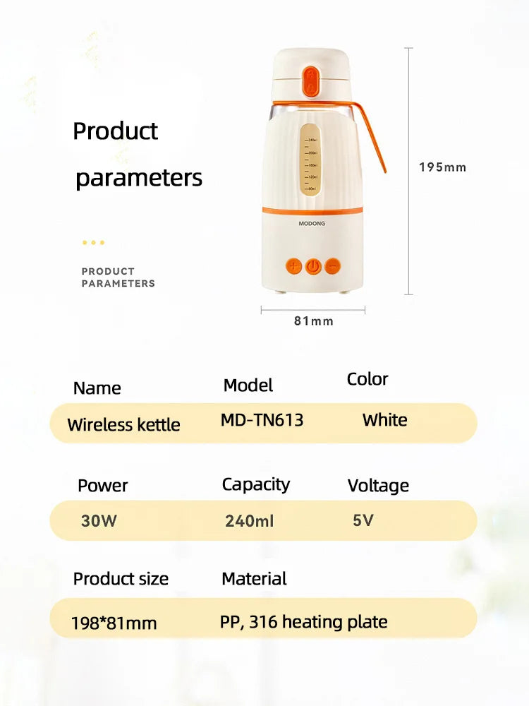 Wireless Milk Conditioner Portable Kettle USB Rechargable Water Bottle LED Display Thermos Cup Portable Heating Cup Milk Warmer