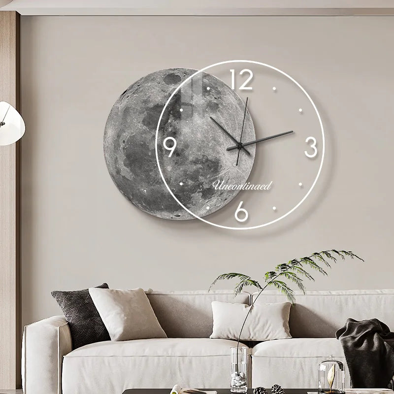Adhesive Moon Wall Clock with LED Light No Drill Silent Modern Night Light for Living Room Dorm Kitchen Decoration