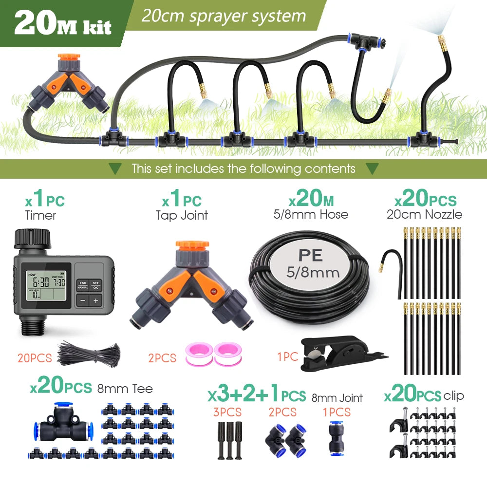 Garden Programmable Timer Misting Cooling System 360° Free-bend Misting Nozzle Adjustable Atomizer Sprayer Outdoor Watering Kits