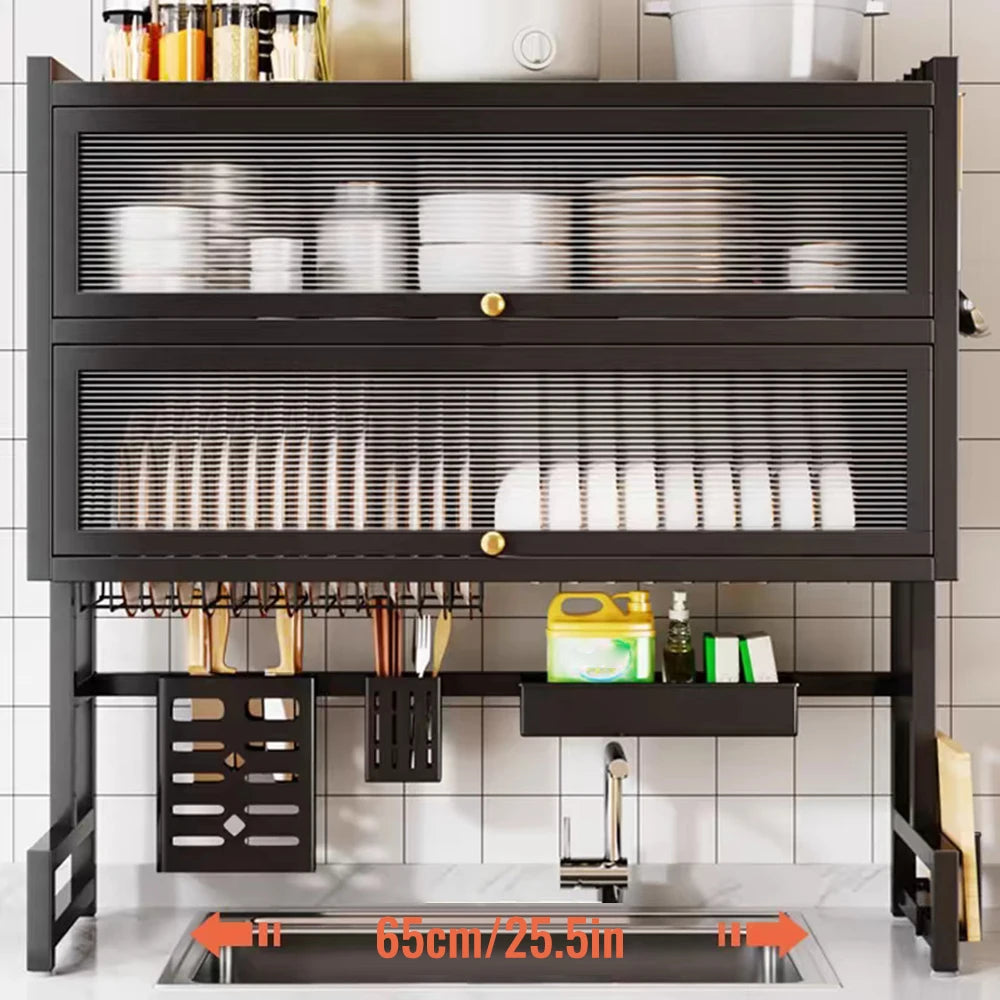Sink Dish Rack Cabinet Organizer with Utensil Holder Scalable Adjustable Drain Rack Tabletop Plates/Bowl/Cutting Board Organizer