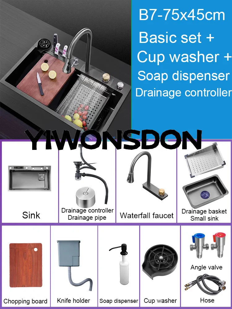 Multifunction Black Nano Kitchen Sink Waterfall Faucet Large Single Bowl Cup Washer Pure Tap Soap Dispenser 304 Stainless Steel