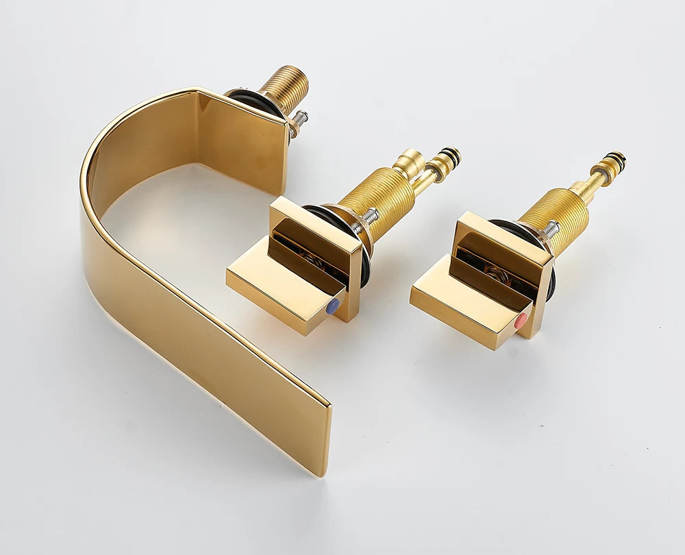 BAKALA 3 Pieces Brush And Gold Deck Mounted Waterfall Wide Spout Double Handles Bath Bathtub Faucet Bathroom Mixer Tap