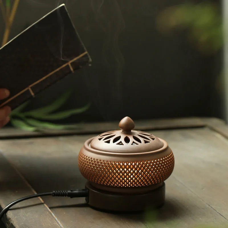 Sandalwood Timed Electronic Incense Burner Set 110V/220V OUD Essential Oil Night Light Household Tea Warmer Stove for Home Decor