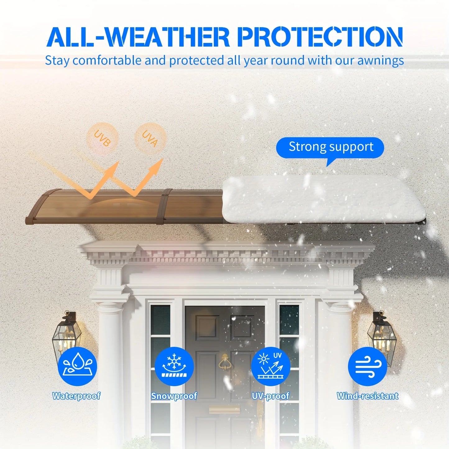 Large Polycarbonate Gutter Awning for Door Entrance Sun Shade and Rain Snow Protection Canopy for Patios and Yards Brown Board