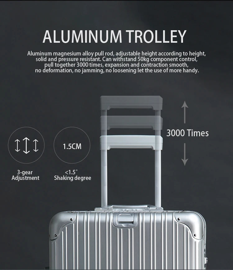 Aluminum-Magnesium Alloy Suitcase, High-Quality Rolling Luggage Available in 20”, 24”, 26”, and 29” sizes. Durable trolley luggage perfect for travel, carry-on, and cabin use.
