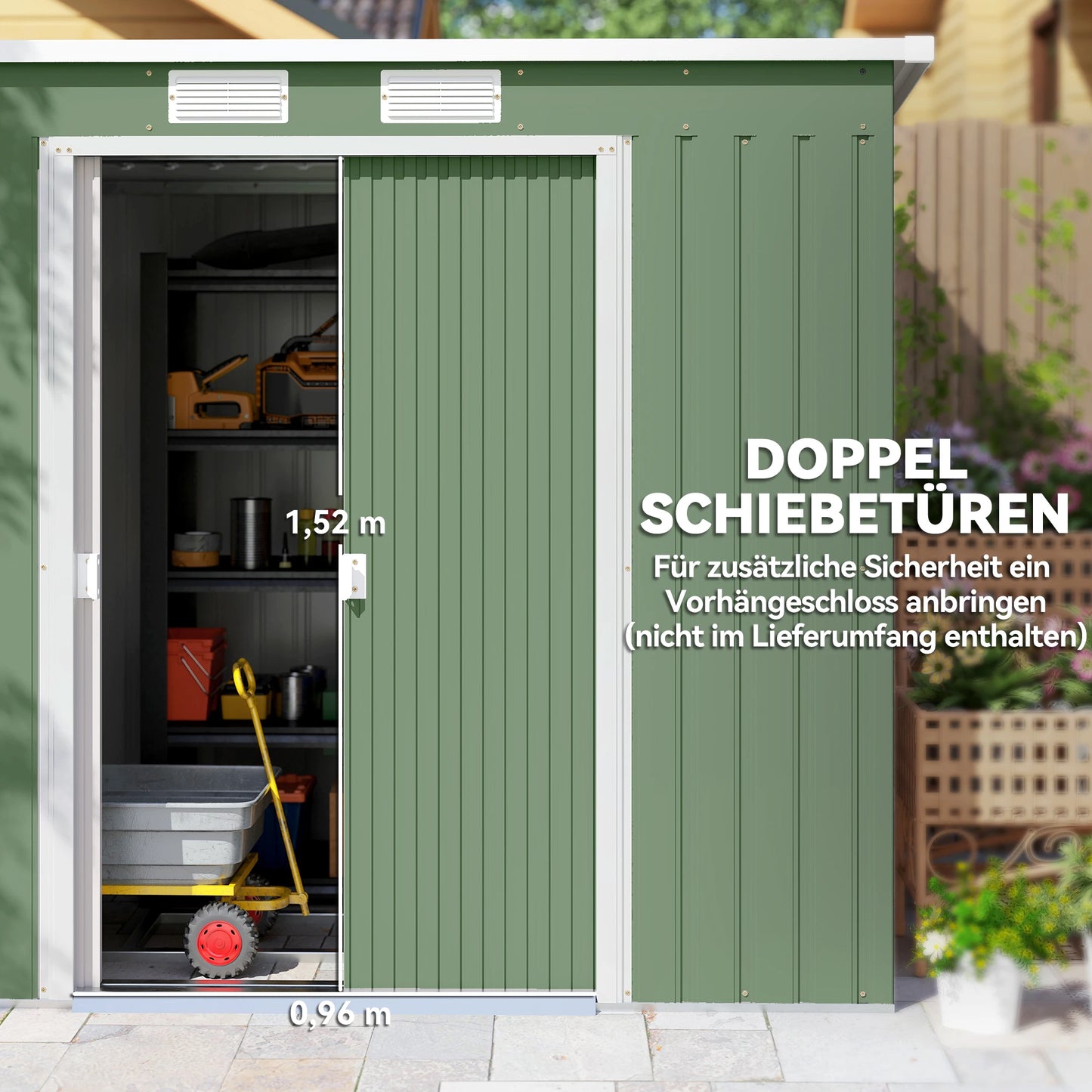 Outsunny tool shed 2.42 m², garden shed with ventilation window, sliding door, Green