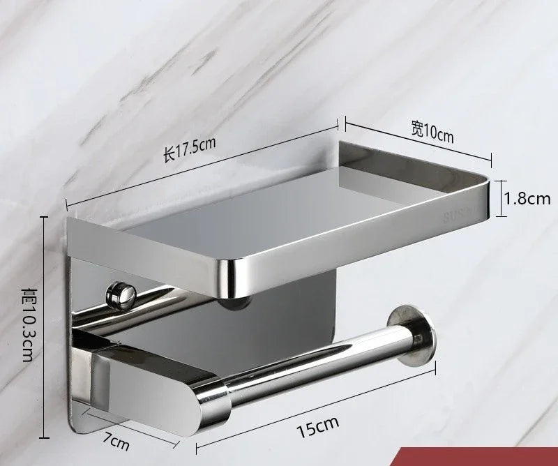 Toilet paper rack 304 stainless steel tissue holder, mobile phone rack, non-punching bathroom roll holder