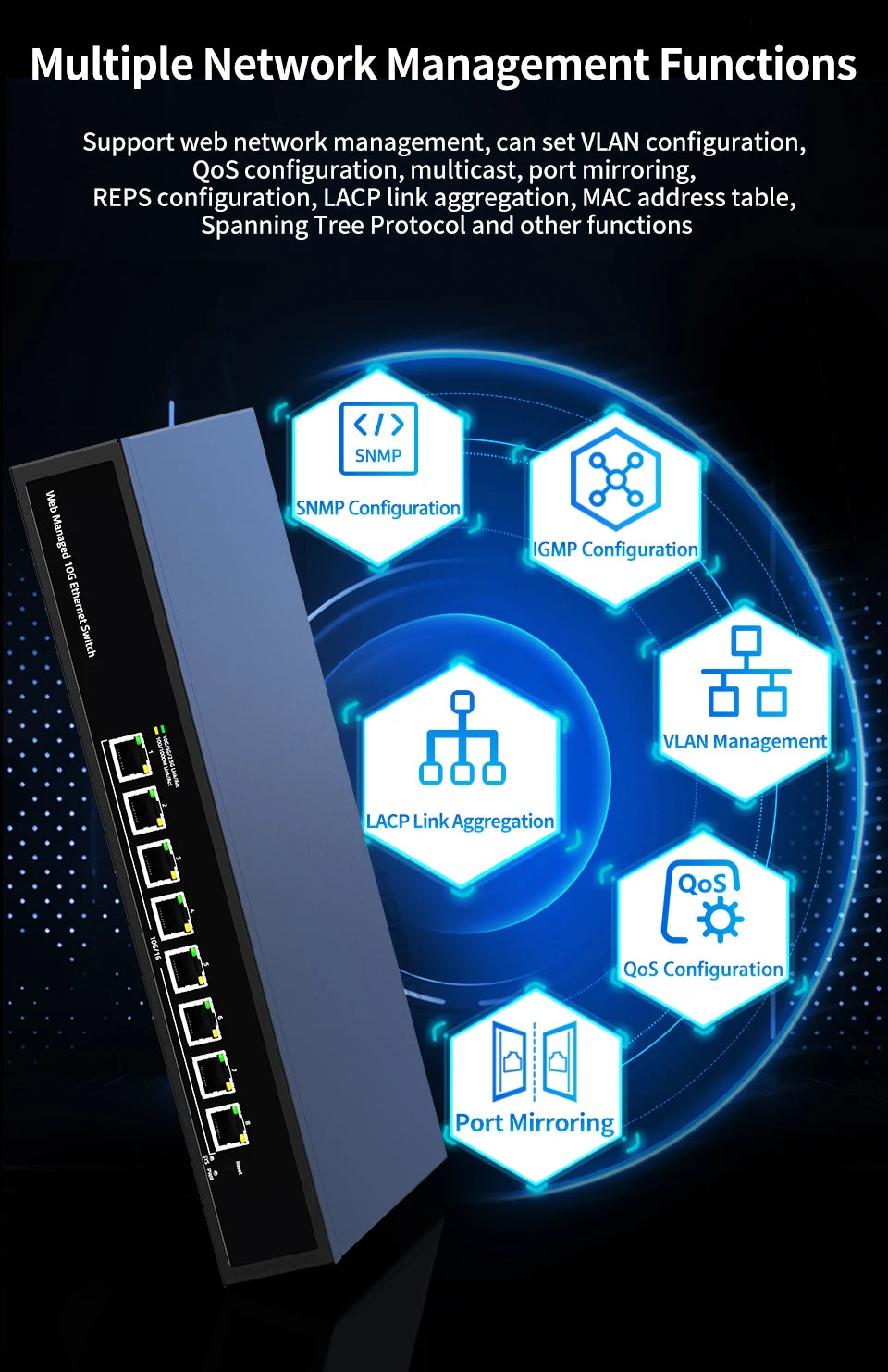 GoodTop 8 Port 10Gb Web Managed Ethernet Switch 10G Network Switch Homelab Network Hub Internet Splitter LACP/VLAN/DHCP Client