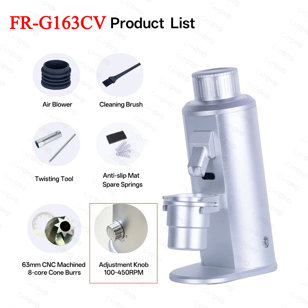 CAFOVO G163CV Adjustable Speed Coffee Grinder 63mm 8-core Conical Burrs 100-450RPM 350W Brushless Motor for Espresso Coffee Mill